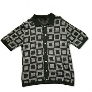 Vintage Men's Knit Polo Cardigan XL Green Geometric Grandpa Dadcore